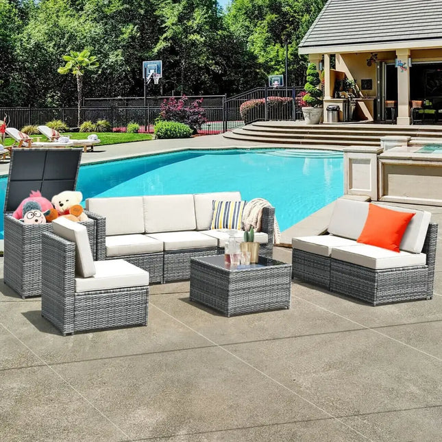 8 Piece Wicker Sofa Rattan Dinning Set Patio Furniture with Storage Table-White - White - Outdoor Sectionals