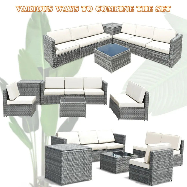 8 Piece Wicker Sofa Rattan Dinning Set Patio Furniture with Storage Table-White - White - Outdoor Sectionals