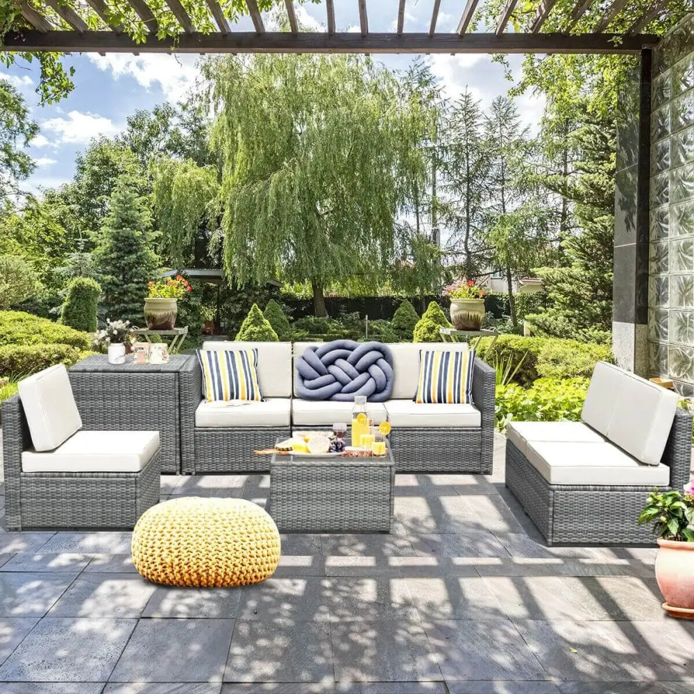 8 Piece Wicker Sofa Rattan Dinning Set Patio Furniture with Storage Table-White - White - Outdoor Sectionals
