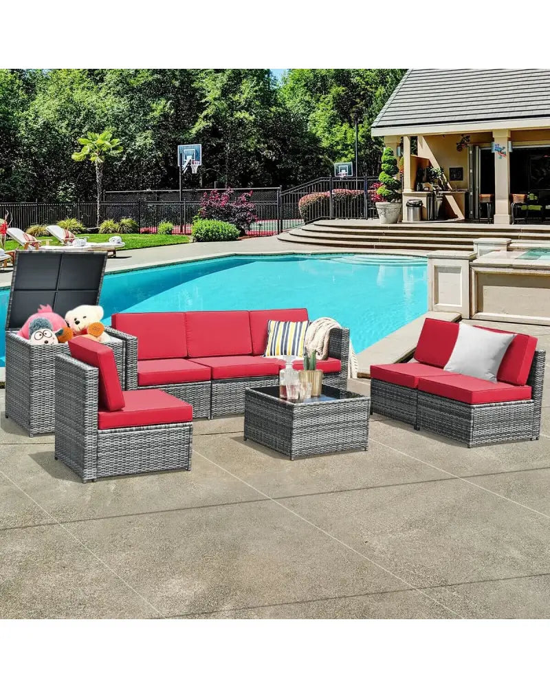 8 Piece Wicker Sofa Rattan Dinning Set Patio Furniture with Storage Table-Red - Red - Outdoor Sectionals