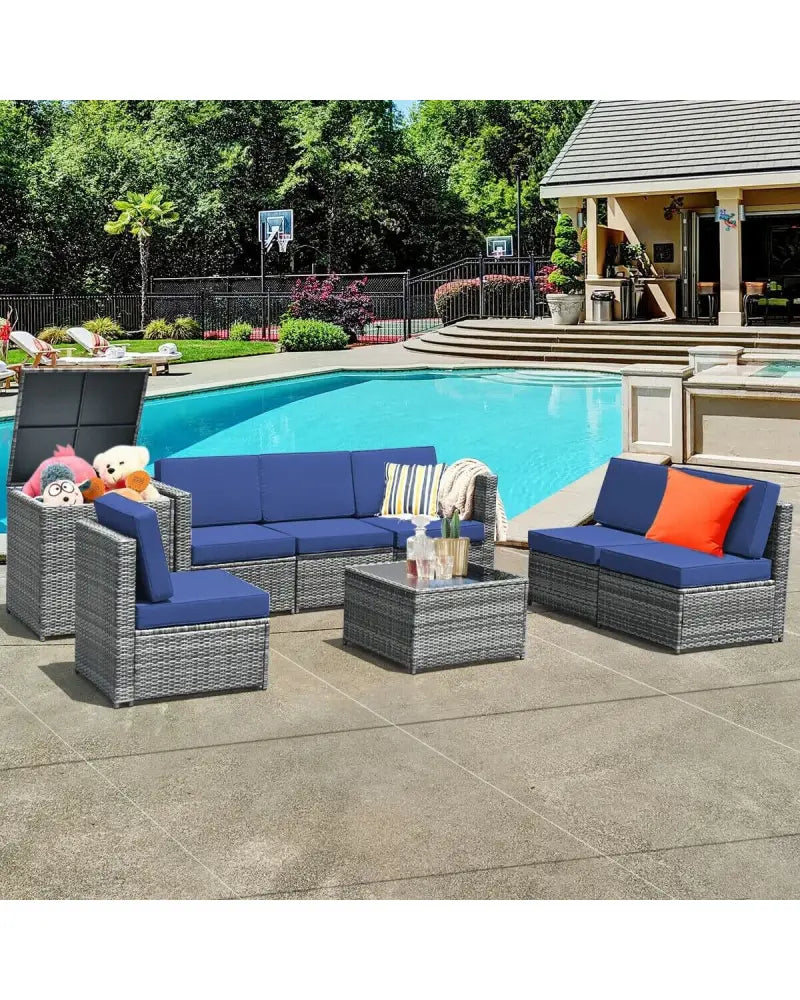 8 Piece Wicker Sofa Rattan Dinning Set Patio Furniture with Storage Table-Navy - Navy - Outdoor Sectionals