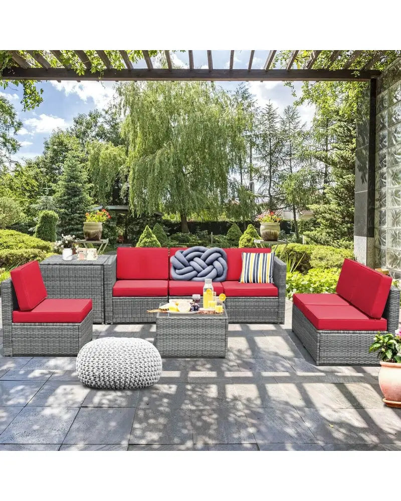 8 Piece Wicker Sofa Rattan Dinning Set Patio Furniture with Storage Table-Red - Red - Outdoor Sectionals