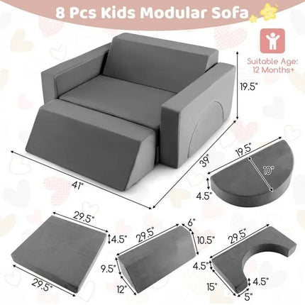 8 Pieces Kids Modular Play Sofa with Detachable Cover for Playroom and BedroomGray - Oasis Home Essentials