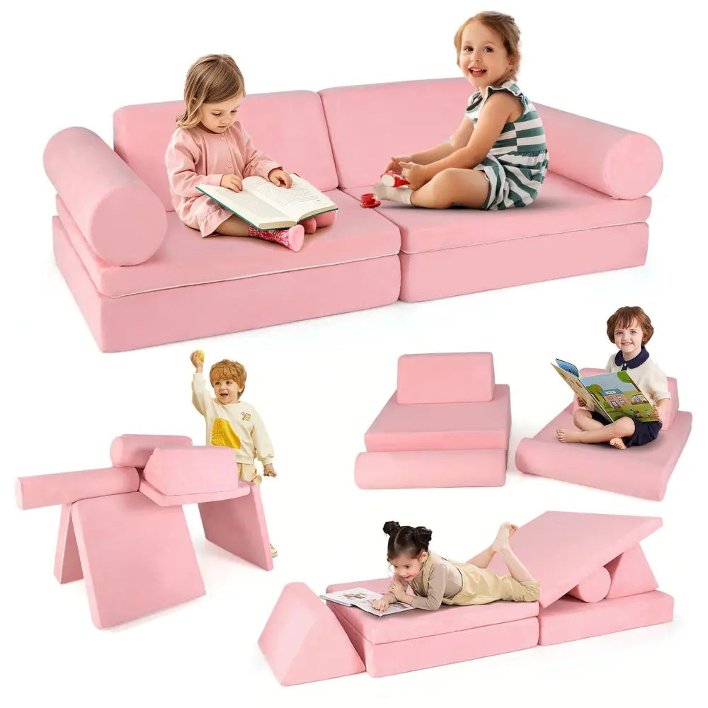 8 Pieces Kids Play Couch Foam Building Fort Play Set with Suede Cover-Pink - Pink - Kids Chairs & Seating