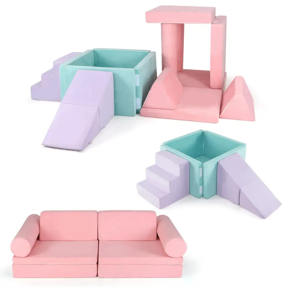 8 Pieces Kids Play Couch Foam Building Fort Play Set with Suede Cover-Pink - Pink - Kids Chairs & Seating