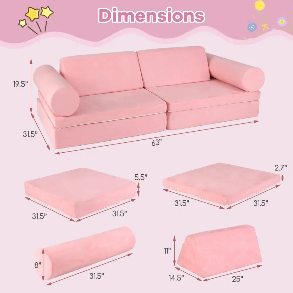 8 Pieces Kids Play Couch Foam Building Fort Play Set with Suede Cover-Pink - Pink - Kids Chairs & Seating