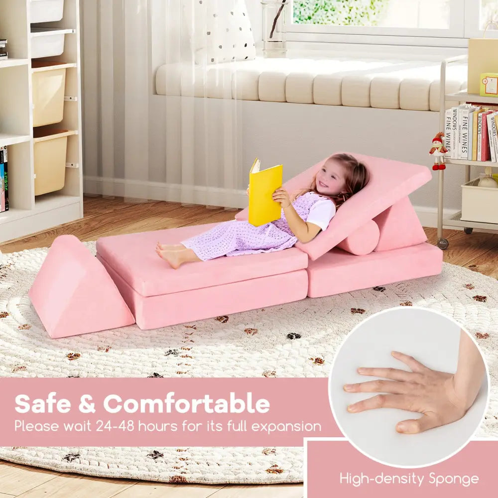 8 Pieces Kids Play Couch Foam Building Fort Play Set with Suede Cover-Pink - Pink - Kids Chairs & Seating