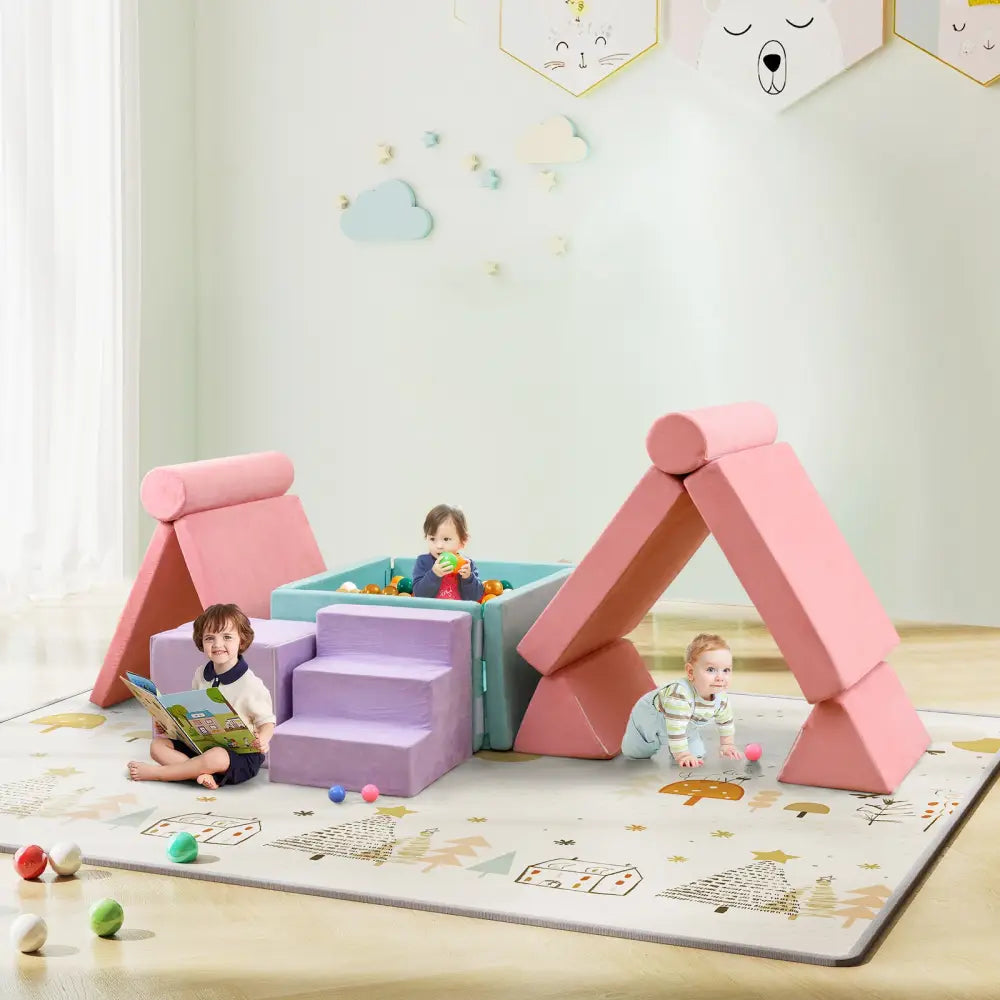 8 Pieces Kids Play Couch Foam Building Fort Play Set with Suede Cover-Pink - Pink - Kids Chairs & Seating