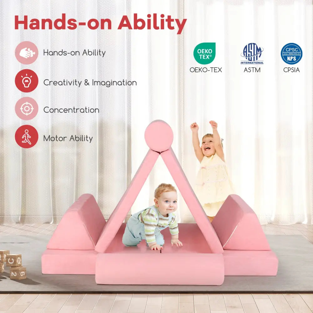 8 Pieces Kids Play Couch Foam Building Fort Play Set with Suede Cover-Pink - Pink - Kids Chairs & Seating