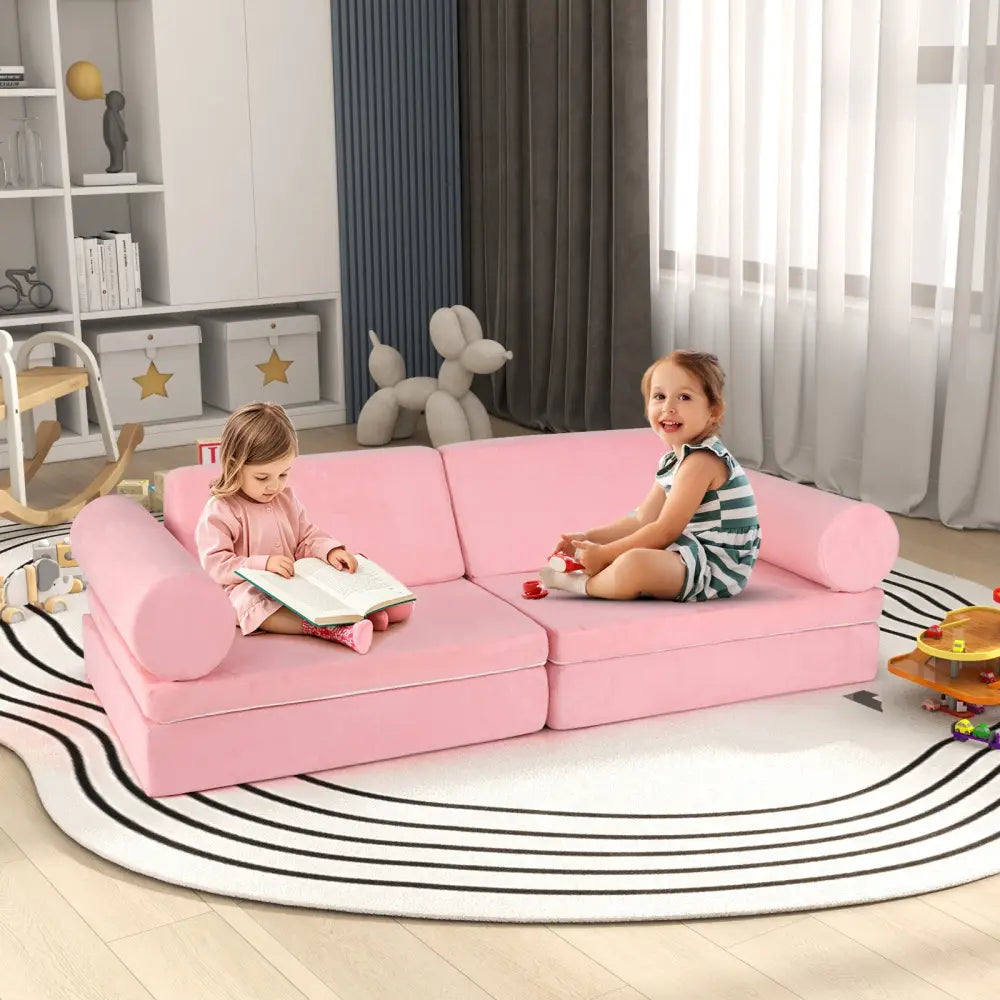 8 Pieces Kids Play Couch Foam Building Fort Play Set with Suede Cover-Pink - Pink - Kids Chairs & Seating