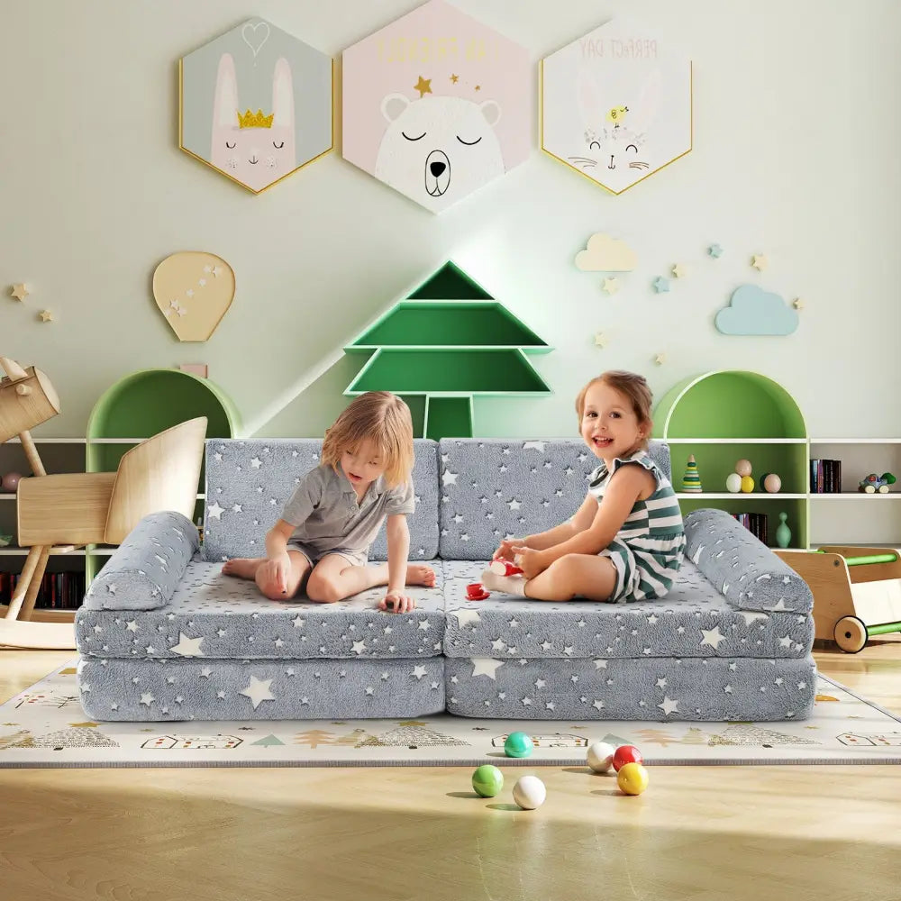 8 Pieces Modular Kids Play Couch Glow in the Dark Toddler Sectional Sofa-Gray - Gray - Kids Chairs & Seating