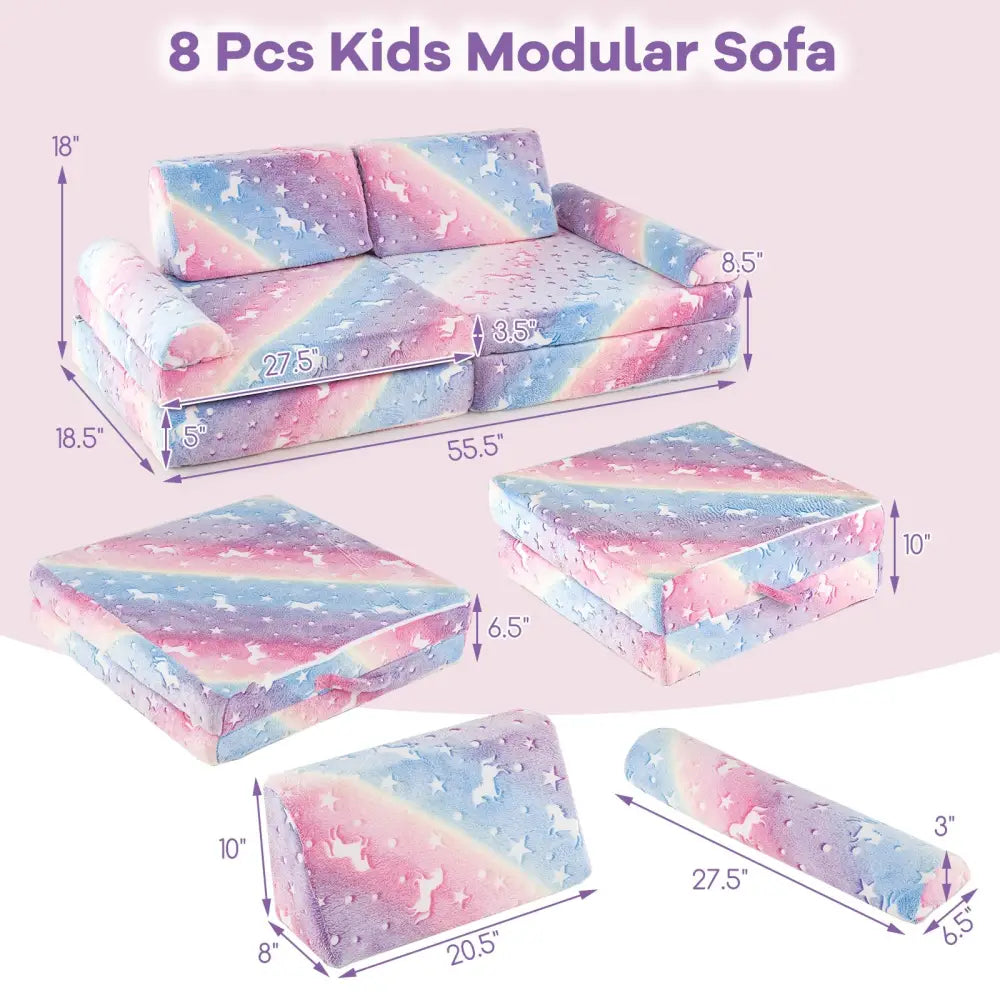 8 Pieces Modular Kids Play Couch Glow in the Dark Toddler Sectional Sofa-Multicolor - Multicolor - Kids Chairs & Seating