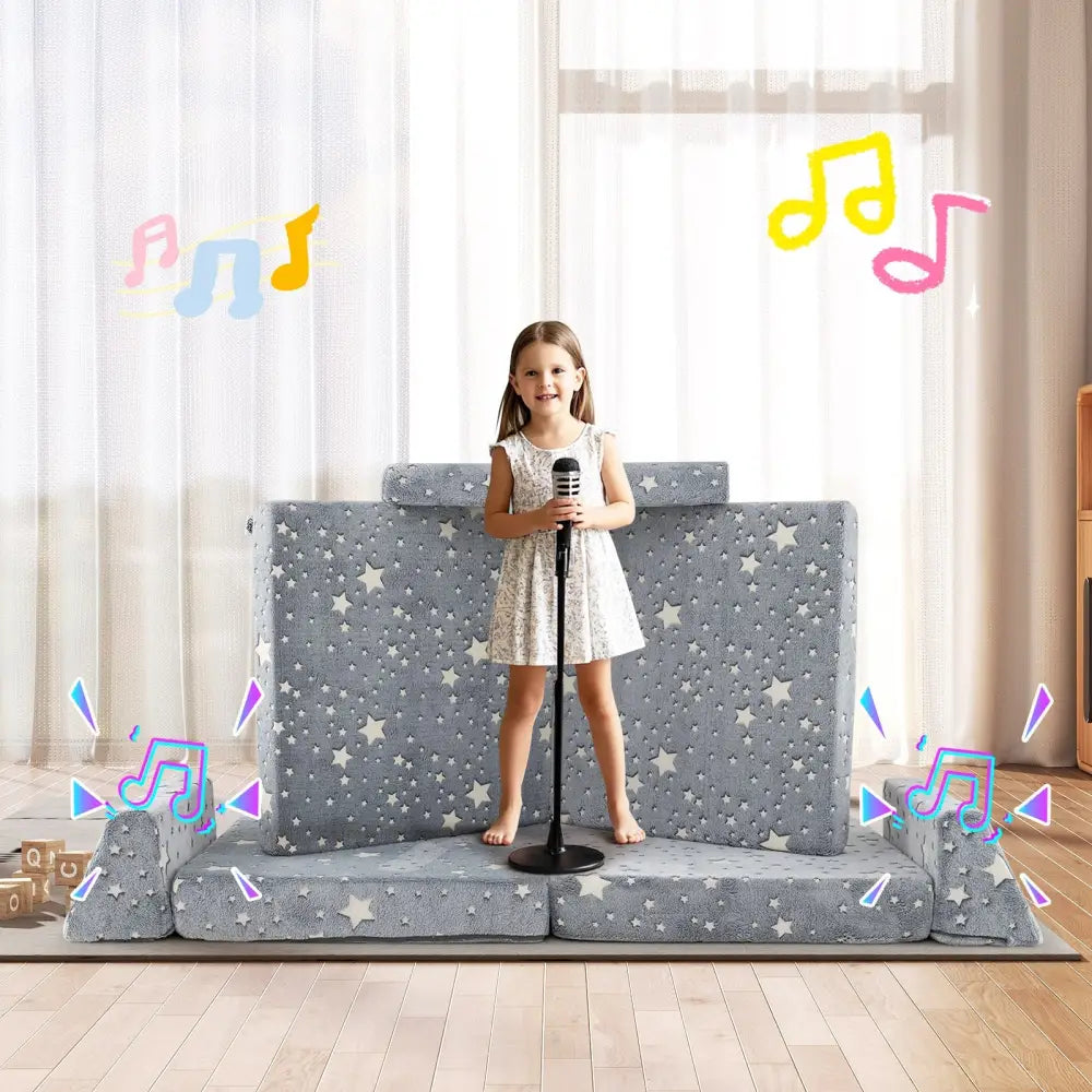 8 Pieces Modular Kids Play Couch Glow in the Dark Toddler Sectional Sofa-Gray - Gray - Kids Chairs & Seating