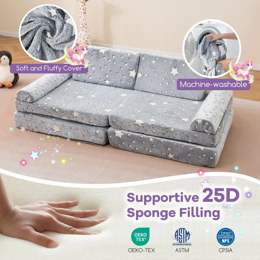 8 Pieces Modular Kids Play Couch Glow in the Dark Toddler Sectional Sofa-Gray - Gray - Kids Chairs & Seating
