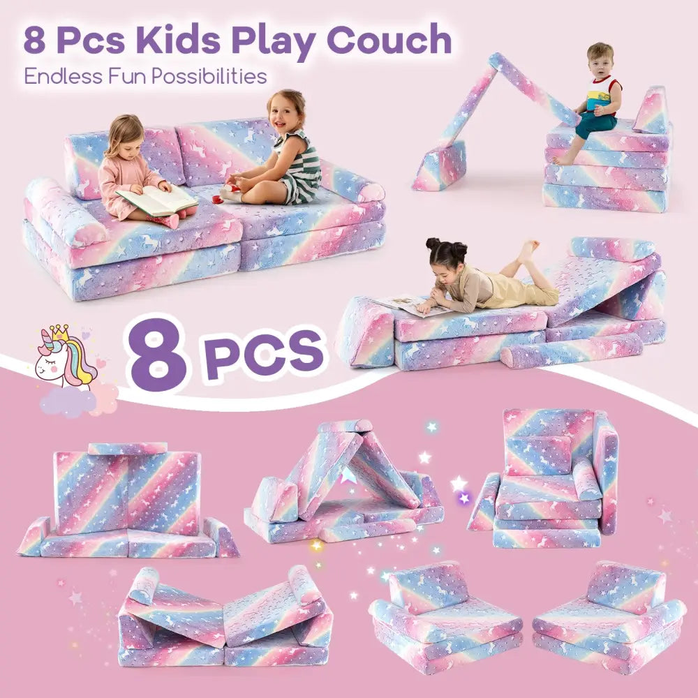 8 Pieces Modular Kids Play Couch Glow in the Dark Toddler Sectional Sofa-Multicolor - Multicolor - Kids Chairs & Seating