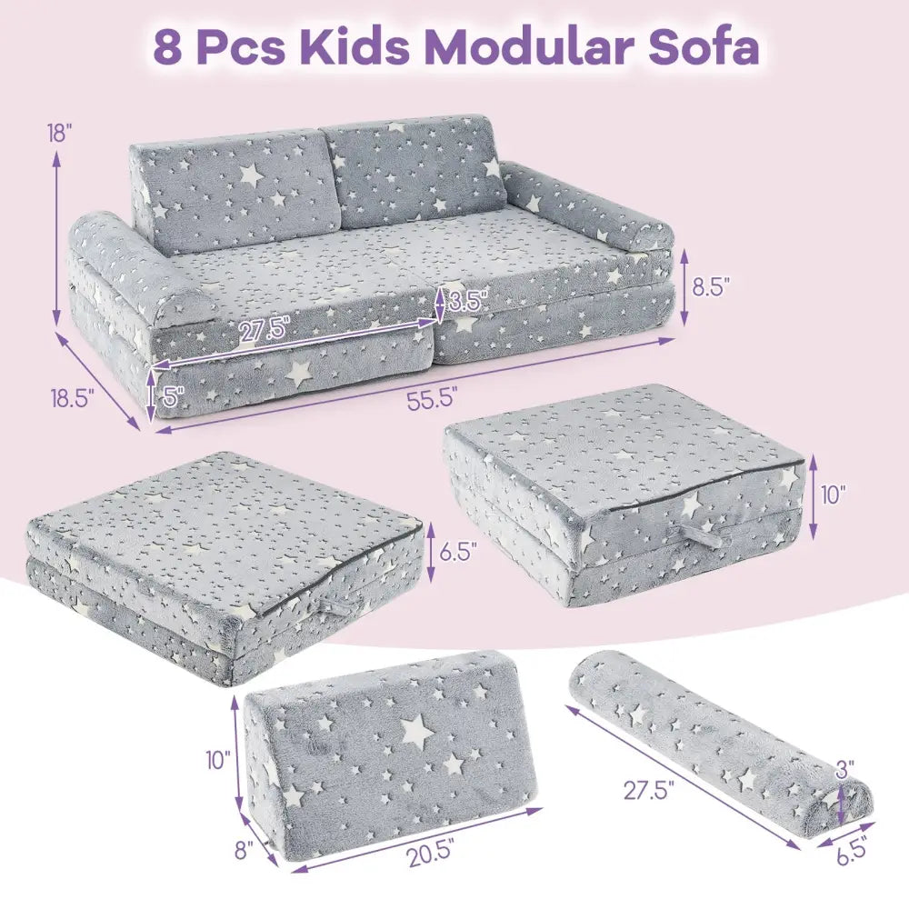 8 Pieces Modular Kids Play Couch Glow in the Dark Toddler Sectional Sofa-Gray - Gray - Kids Chairs & Seating