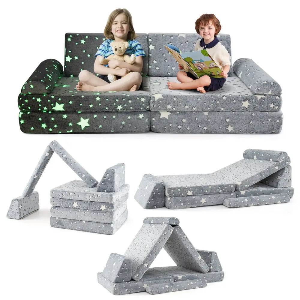 8 Pieces Modular Kids Play Couch Glow in the Dark Toddler Sectional Sofa-Gray - Gray - Kids Chairs & Seating
