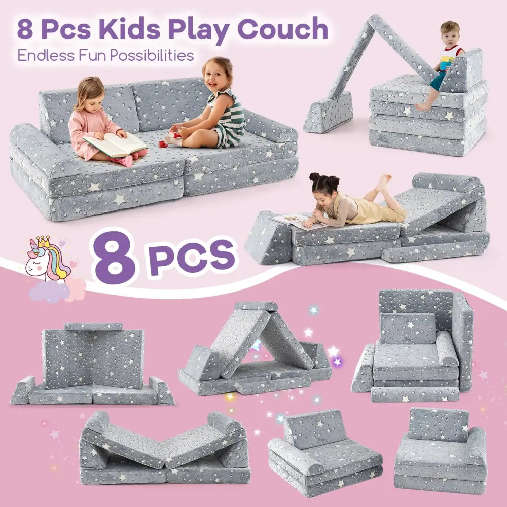 8 Pieces Modular Kids Play Couch Glow in the Dark Toddler Sectional Sofa-Gray - Gray - Kids Chairs & Seating