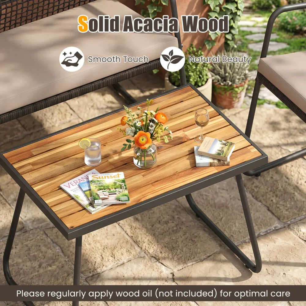 8 Pieces Patio Furniture Set with Acacia Wood Coffee Table and Zippered Cushions-Yellow - Beige - Patio Conversation