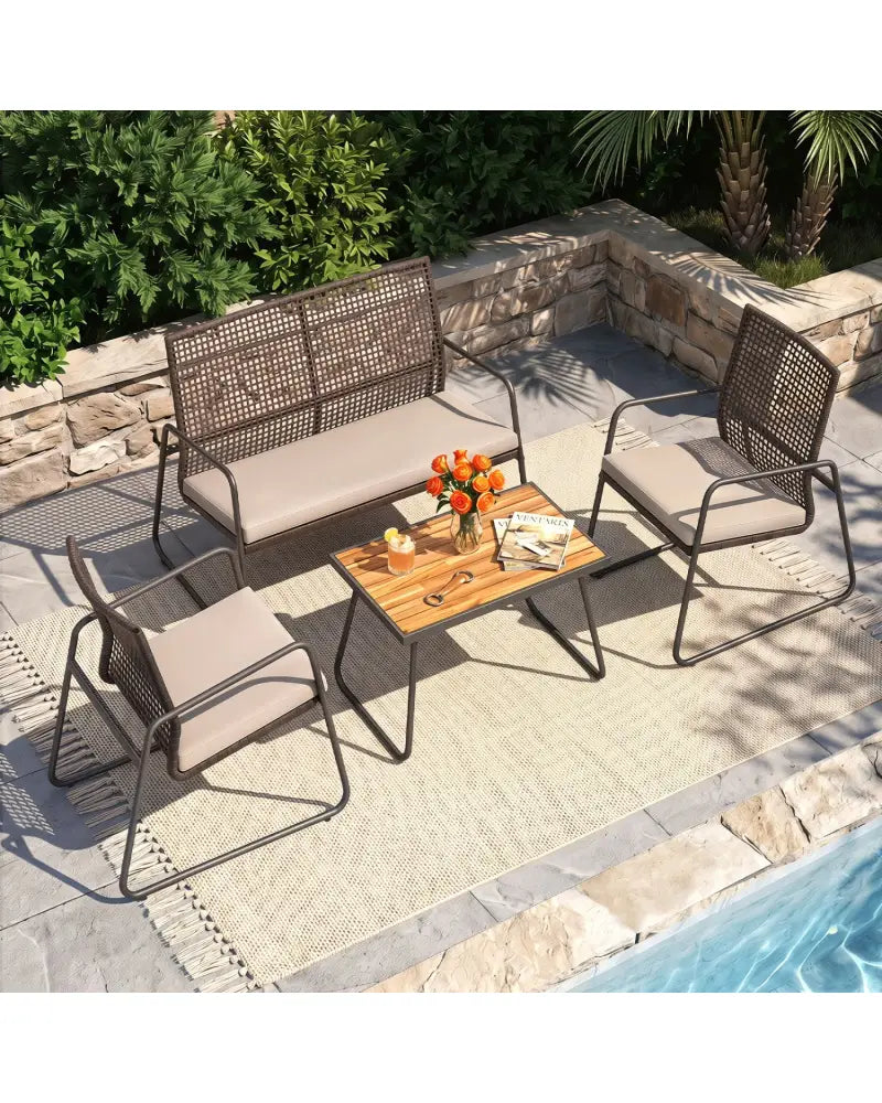 8 Pieces Patio Furniture Set with Acacia Wood Coffee Table and Zippered Cushions-Yellow - Beige - Patio Conversation