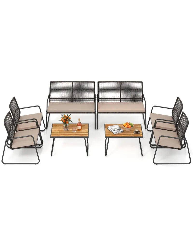 8 Pieces Patio Furniture Set with Acacia Wood Coffee Table and Zippered Cushions-Yellow - Beige - Patio Conversation