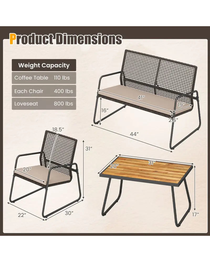 8 Pieces Patio Furniture Set with Acacia Wood Coffee Table and Zippered Cushions-Yellow - Beige - Patio Conversation