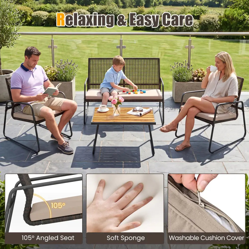 8 Pieces Patio Furniture Set with Acacia Wood Coffee Table and Zippered Cushions-Yellow - Beige - Patio Conversation
