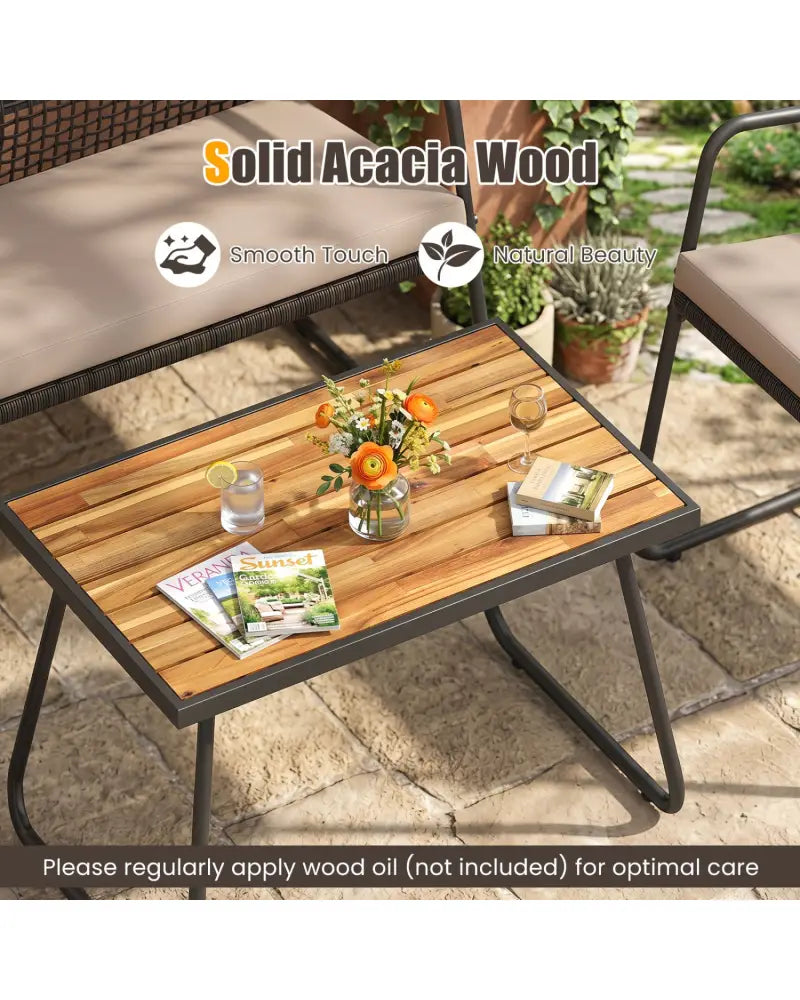 8 Pieces Patio Furniture Set with Acacia Wood Coffee Table and Zippered Cushions-Yellow - Beige - Patio Conversation