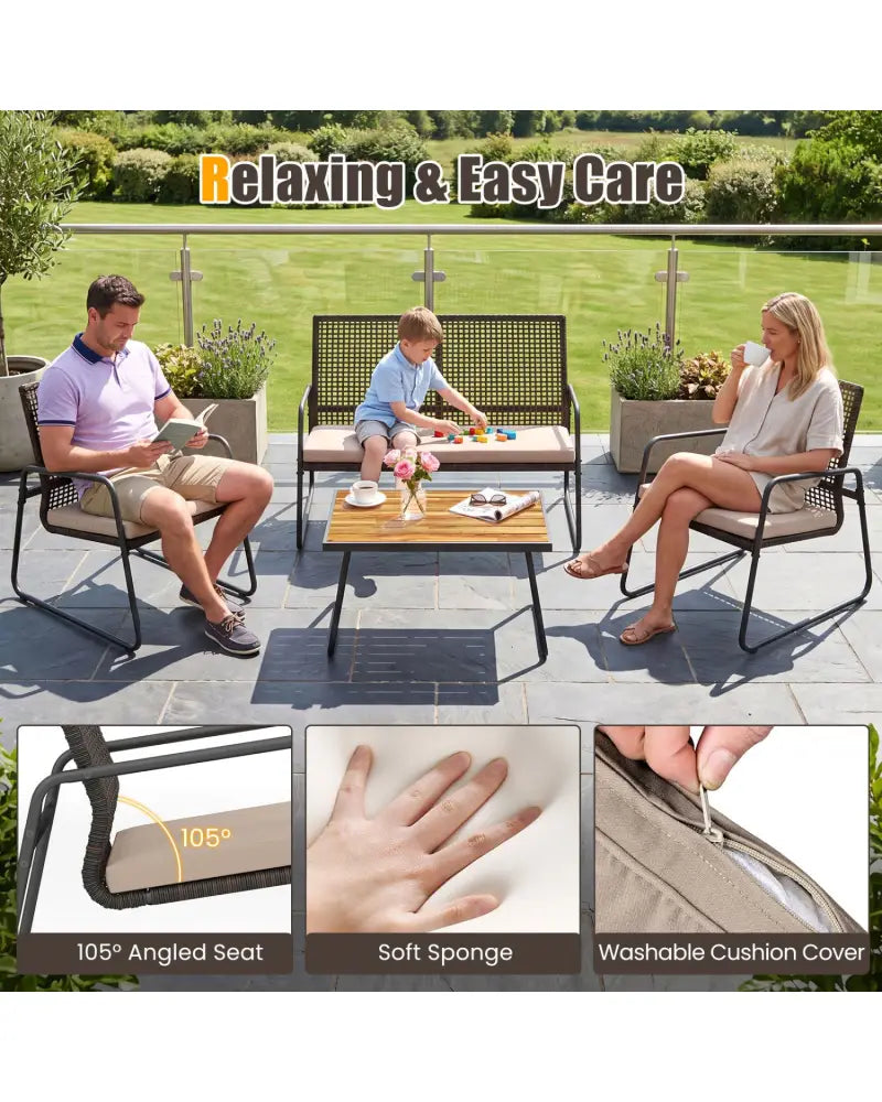 8 Pieces Patio Furniture Set with Acacia Wood Coffee Table and Zippered Cushions-Yellow - Beige - Patio Conversation