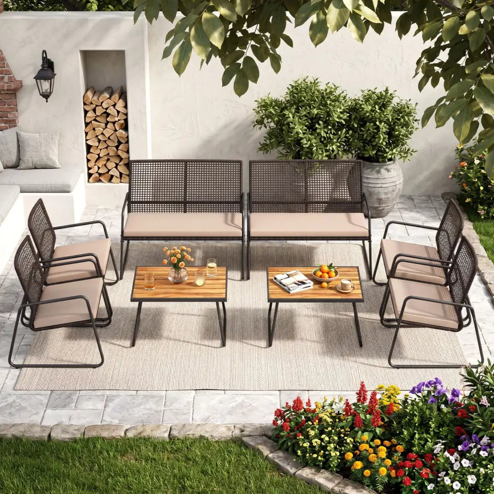 8 Pieces Patio Furniture Set with Acacia Wood Coffee Table and Zippered Cushions-Yellow - Beige - Patio Conversation