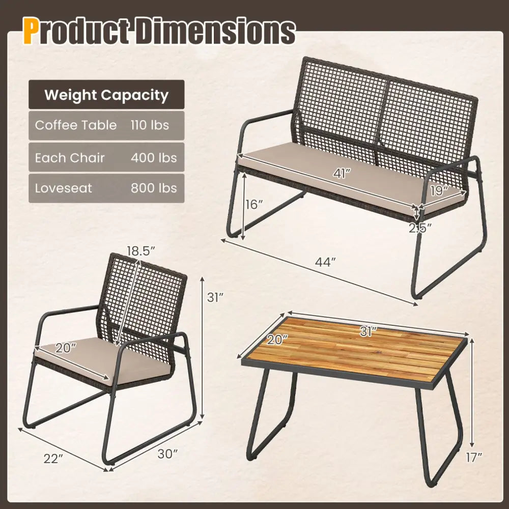 8 Pieces Patio Furniture Set with Acacia Wood Coffee Table and Zippered Cushions-Yellow - Beige - Patio Conversation