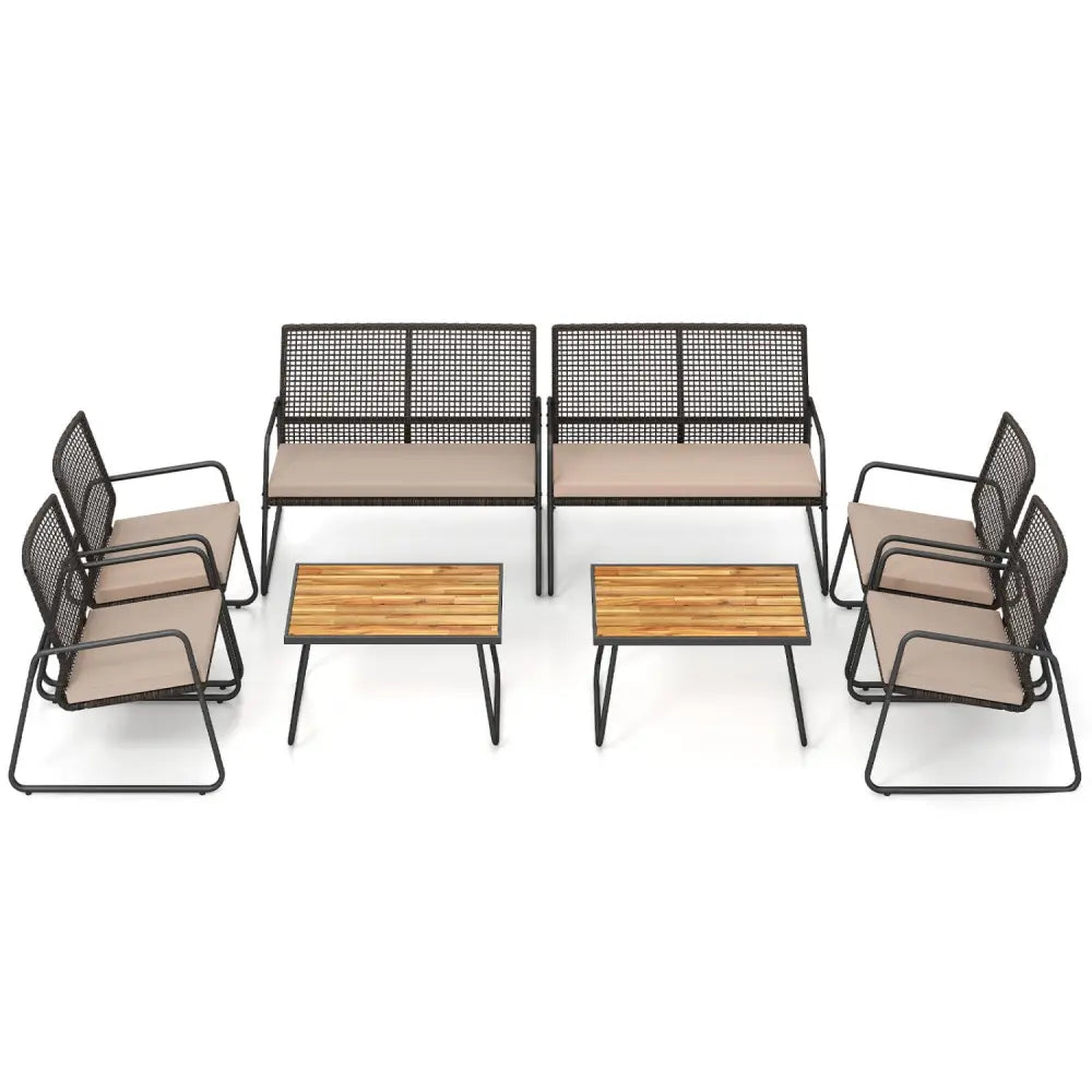 8 Pieces Patio Furniture Set with Acacia Wood Coffee Table and Zippered Cushions-Yellow - Beige - Patio Conversation