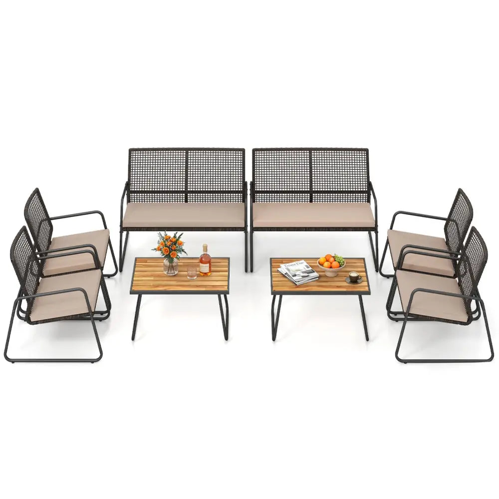 8 Pieces Patio Furniture Set with Acacia Wood Coffee Table and Zippered Cushions-Yellow - Beige - Patio Conversation