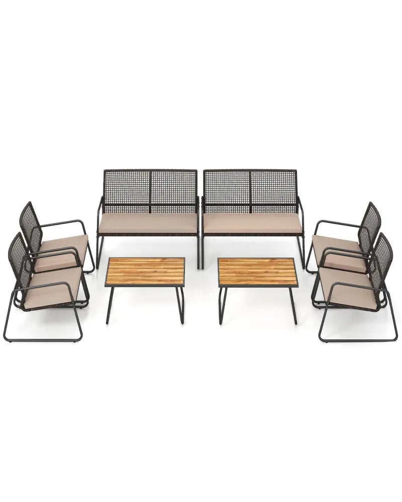 8 Pieces Patio Furniture Set with Acacia Wood Coffee Table and Zippered Cushions-Yellow - Beige - Patio Conversation