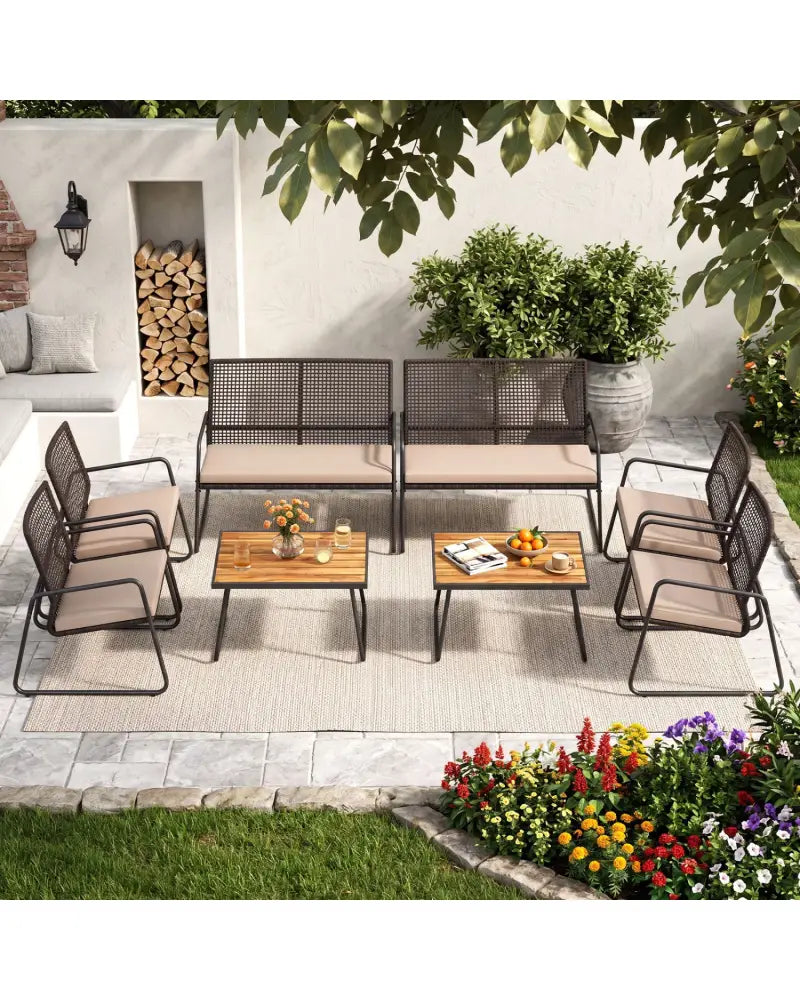 8 Pieces Patio Furniture Set with Acacia Wood Coffee Table and Zippered Cushions-Yellow - Beige - Patio Conversation