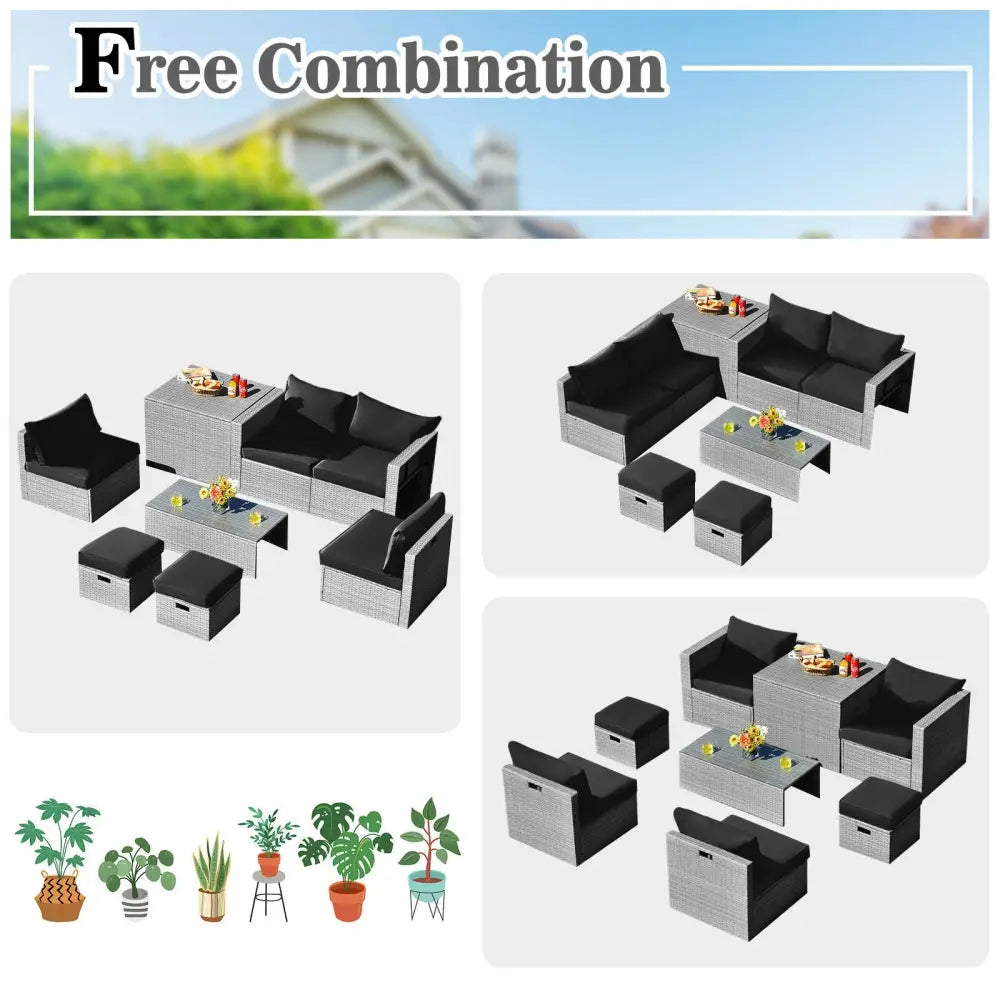 8 Pieces Patio Rattan Furniture Set with Storage Waterproof Cover and Cushion-Black - Black - Outdoor Sectionals