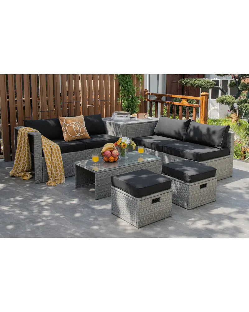 8 Pieces Patio Rattan Furniture Set with Storage Waterproof Cover and Cushion-Black - Black - Outdoor Sectionals