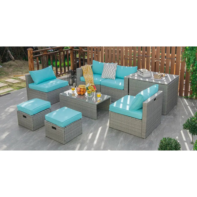8 Pieces Patio Rattan Furniture Set with Storage Waterproof Cover and Cushion-Turquoise - Turquoise - Outdoor Sectionals
