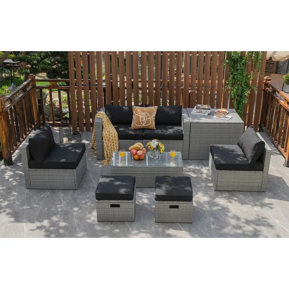 8 Pieces Patio Rattan Furniture Set with Storage Waterproof Cover and Cushion-Black - Black - Outdoor Sectionals