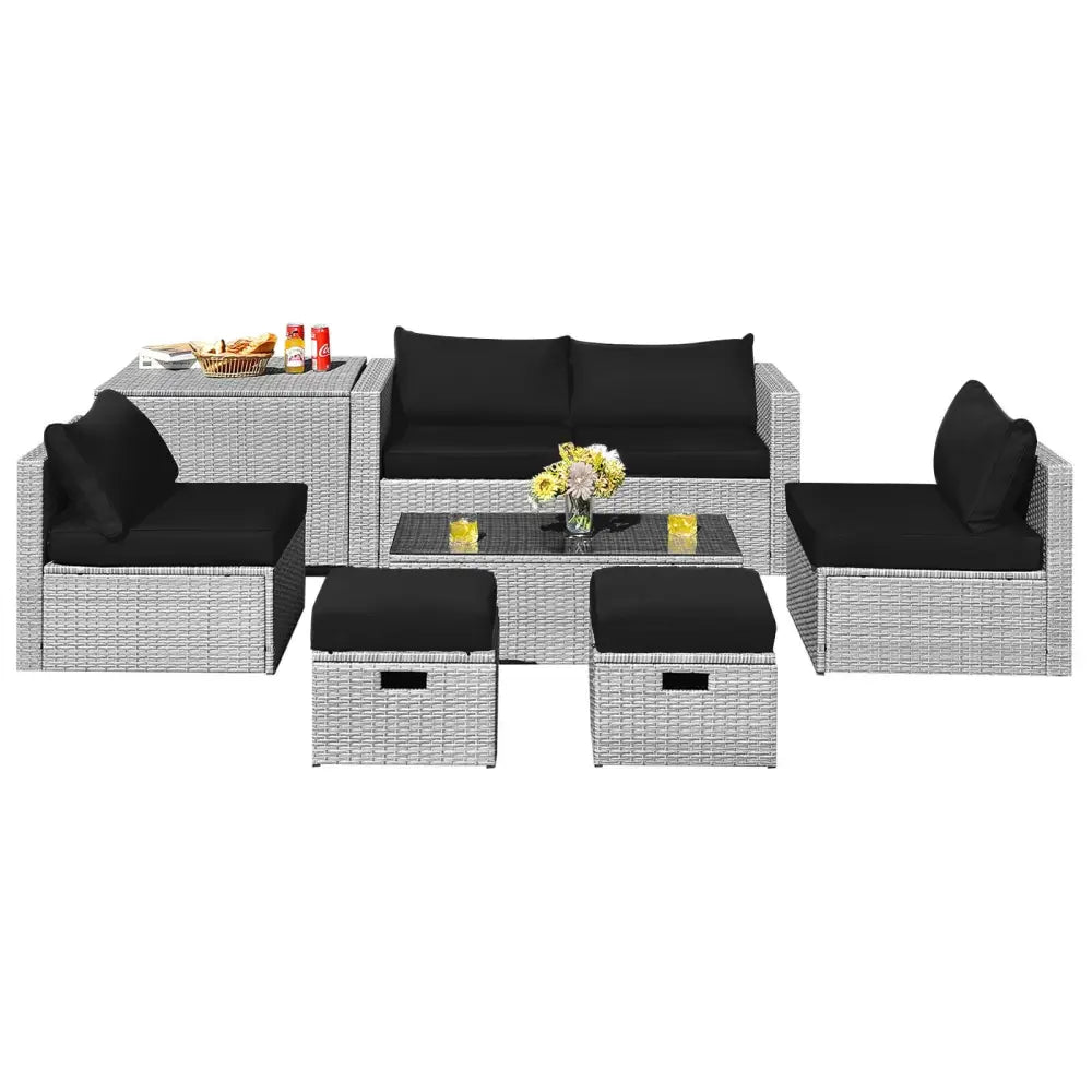 8 Pieces Patio Rattan Furniture Set with Storage Waterproof Cover and Cushion-Black - Black - Outdoor Sectionals