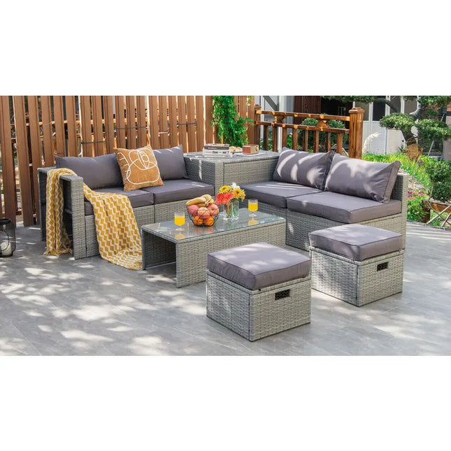 8 Pieces Patio Rattan Furniture Set with Storage Waterproof Cover and Cushion-Gray - Gray - Outdoor Sectionals