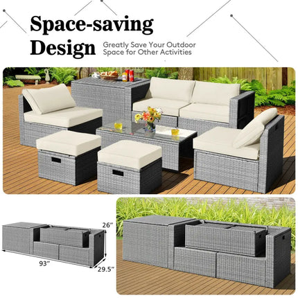 8 Pieces Patio Rattan Furniture Set with Storage Waterproof Cover and Cushion-Off White - Off White - Outdoor Sectionals