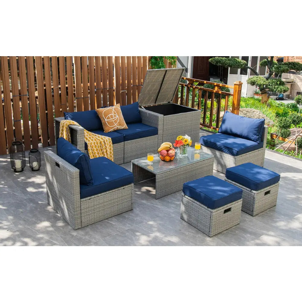 8 Pieces Patio Rattan Furniture Set with Storage Waterproof Cover and Cushion-Navy - Navy - Outdoor Sectionals