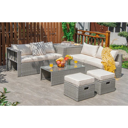 8 Pieces Patio Rattan Furniture Set with Storage Waterproof Cover and Cushion-Off White - Off White - Outdoor Sectionals