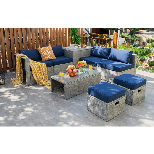 8 Pieces Patio Rattan Furniture Set with Storage Waterproof Cover and Cushion-Navy - Navy - Outdoor Sectionals