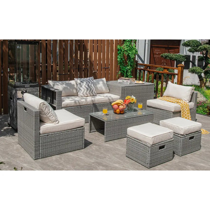 8 Pieces Patio Rattan Furniture Set with Storage Waterproof Cover and Cushion-Off White - Off White - Outdoor Sectionals