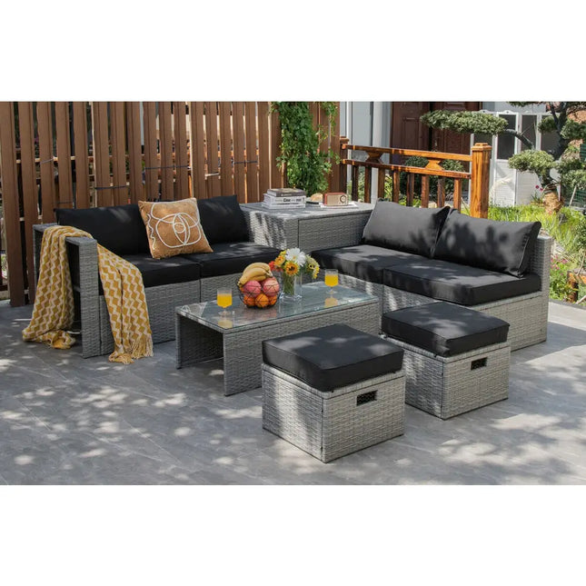 8 Pieces Patio Rattan Furniture Set with Storage Waterproof Cover and Cushion-Black - Black - Outdoor Sectionals