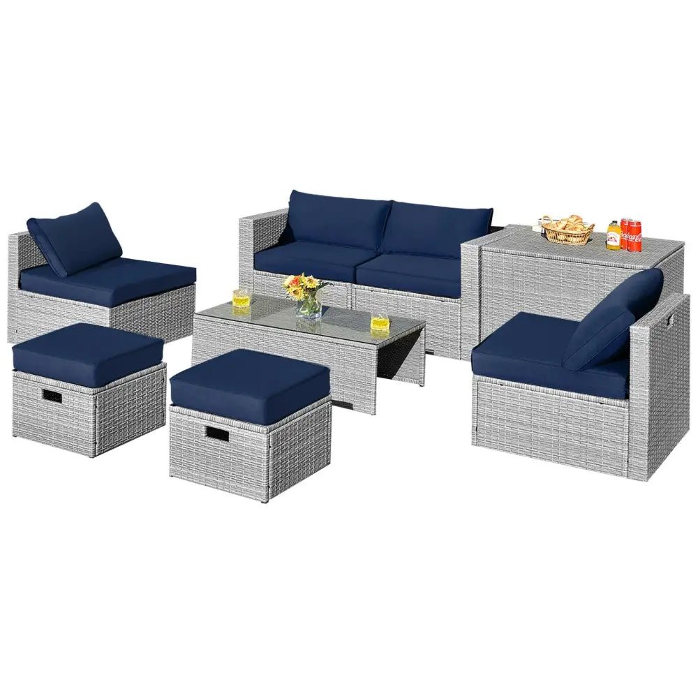 8 Pieces Patio Rattan Furniture Set with Storage Waterproof Cover and Cushion-Navy - Navy - Outdoor Sectionals