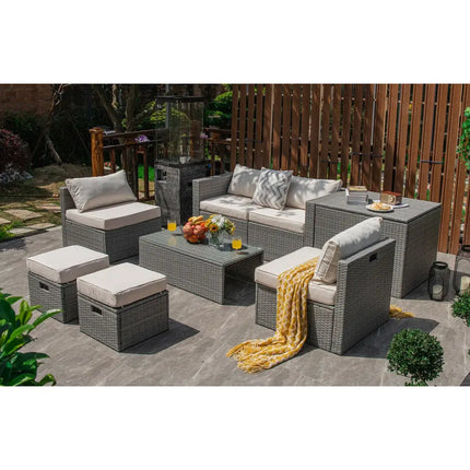8 Pieces Patio Rattan Furniture Set with Storage Waterproof Cover and Cushion-Off White - Off White - Outdoor Sectionals