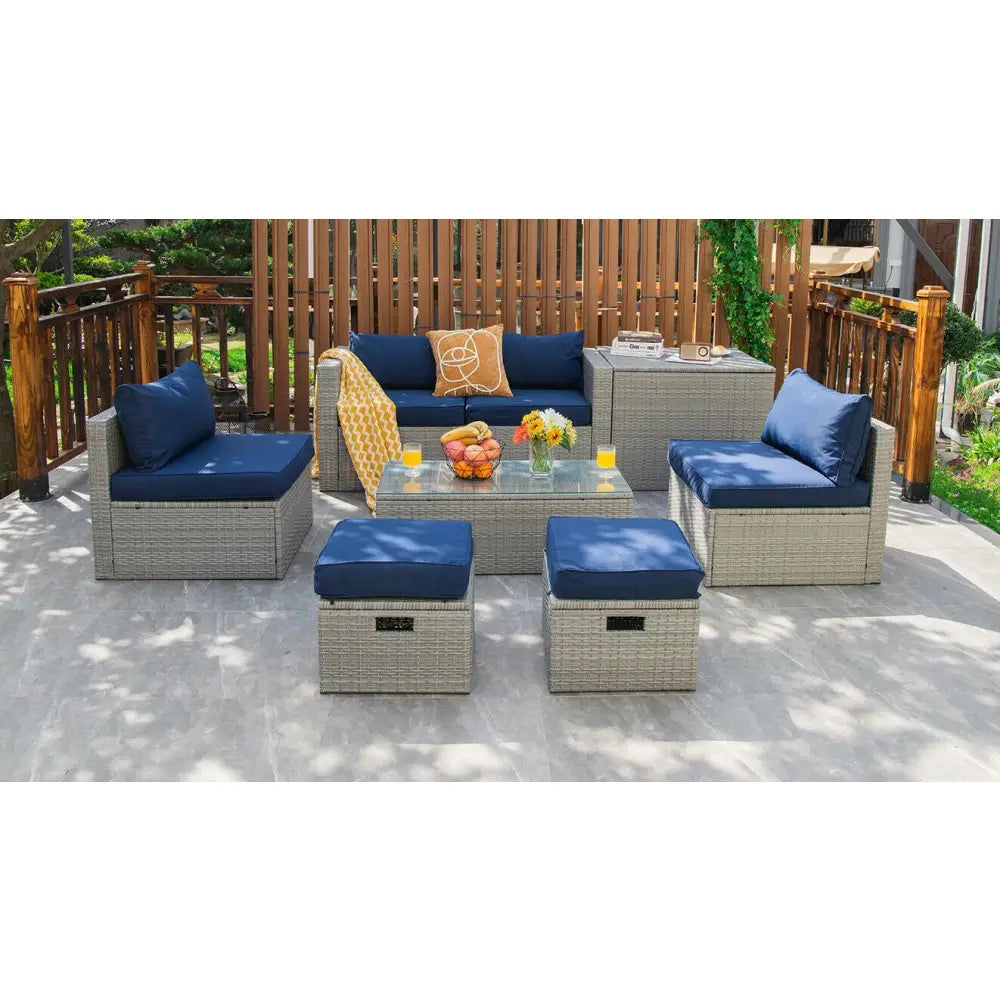 8 Pieces Patio Rattan Furniture Set with Storage Waterproof Cover and Cushion-Navy - Navy - Outdoor Sectionals